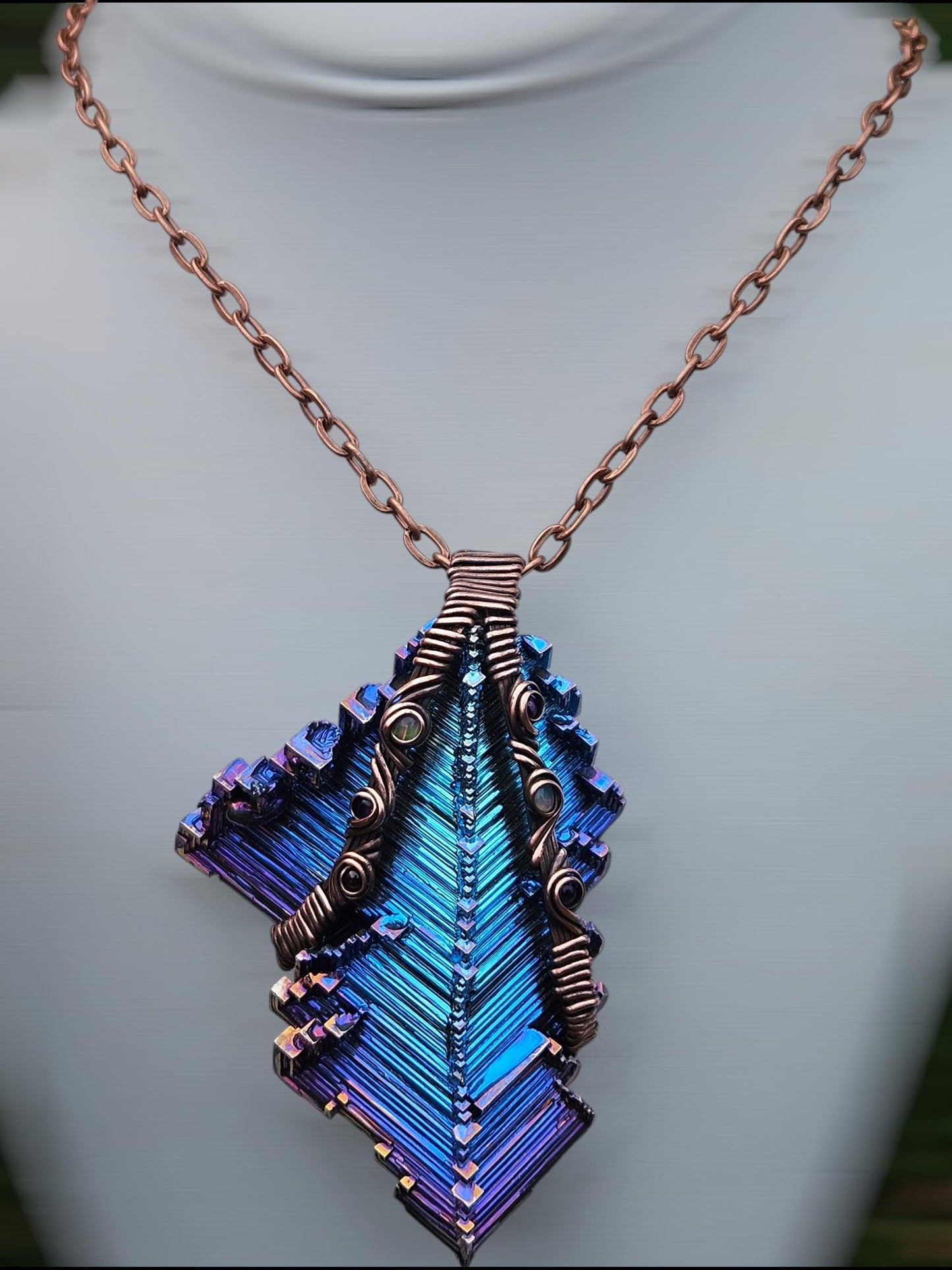 Large Copper Bismuth Pendant with Opals and Amethyst