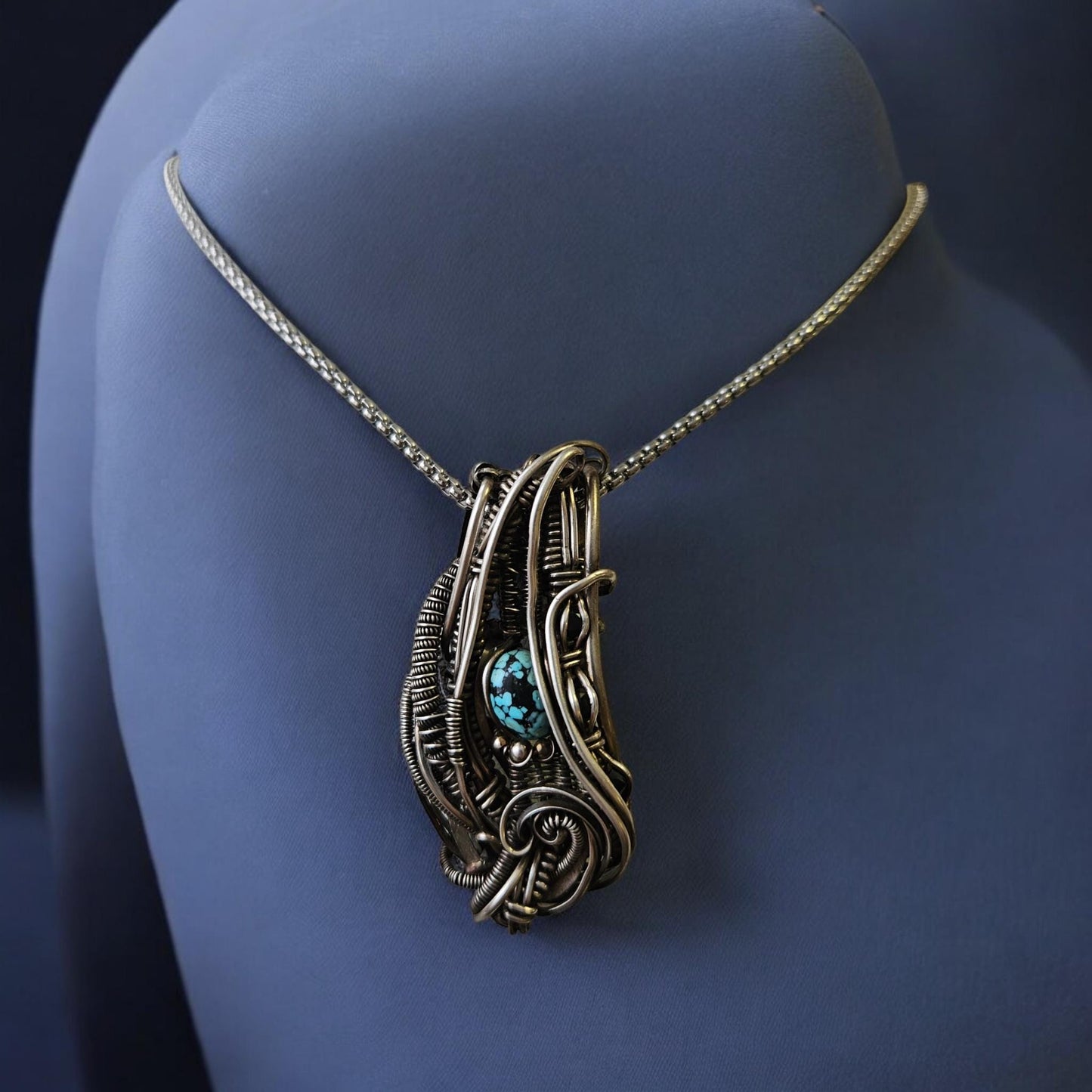 Kingman Turquoise and Black Spinels wrapped in Sterling Silver