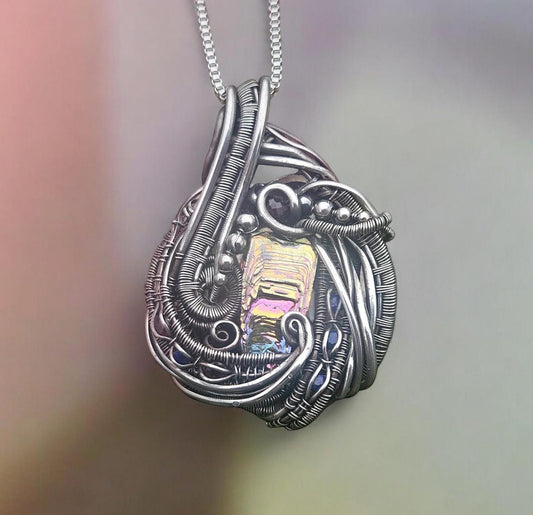 Bismuth Pendant with Garnet, Lapis, and Sterling Beads in Sterling Heady Wrap