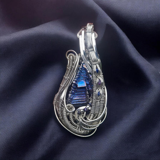 Bismuth Crystal w/ Sapphire Beads and Faceted Tourmaline Wrapped in Sterling