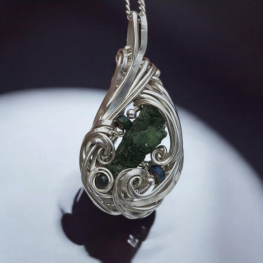 Moldavite and Opals Wrapped in Sterling